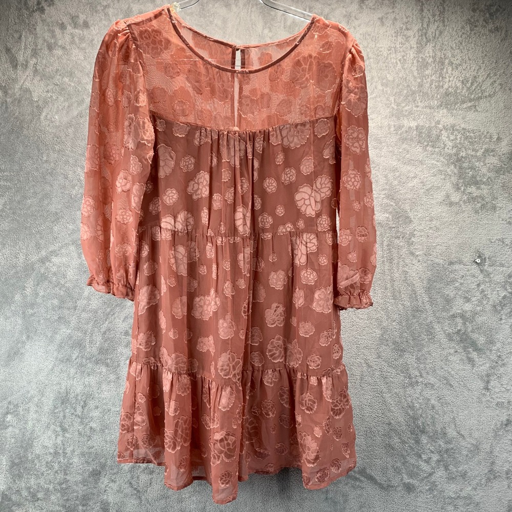 NWT Floral Mesh Chiffon Tiered Mini Dress MED Dusty Rose Blush Boho Cottagecore